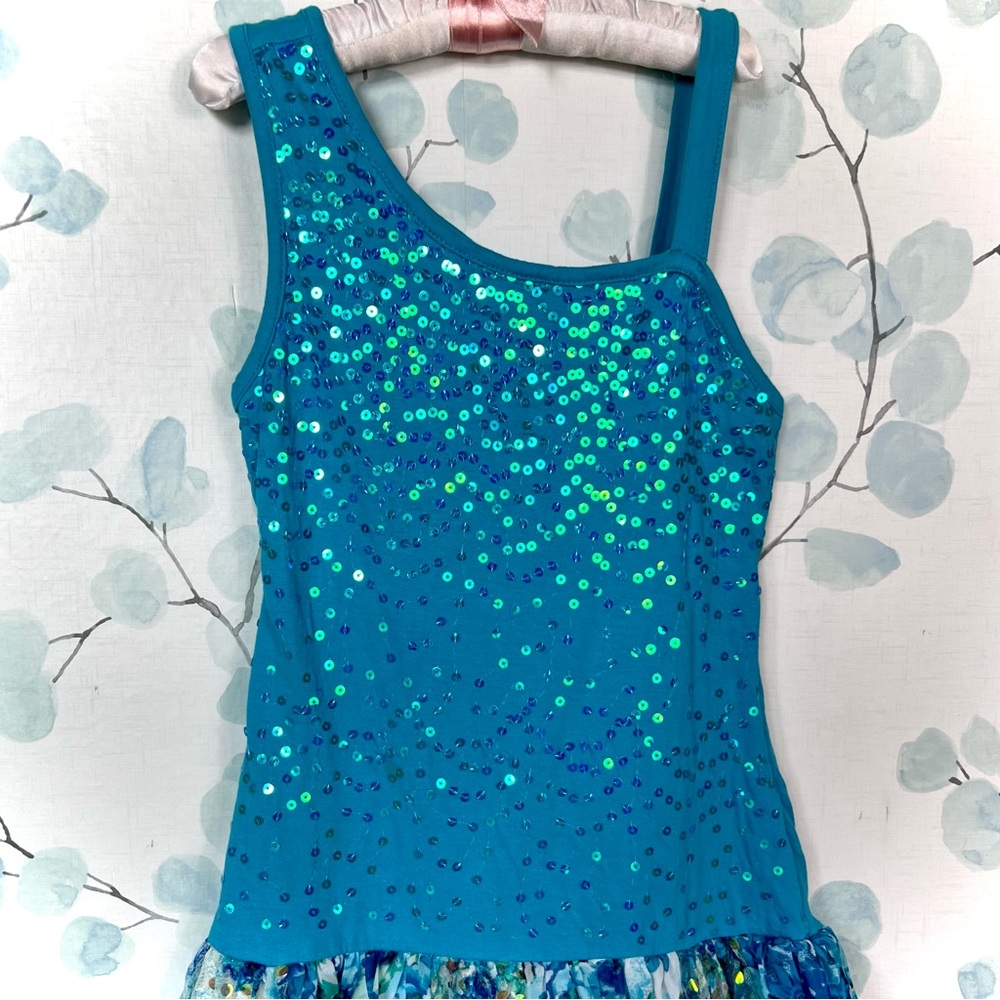Justice Kids Turquoise Aqua Blue Dress Sequin Party Dress-up Floral Ruffled Lace - Picture 2 of 15